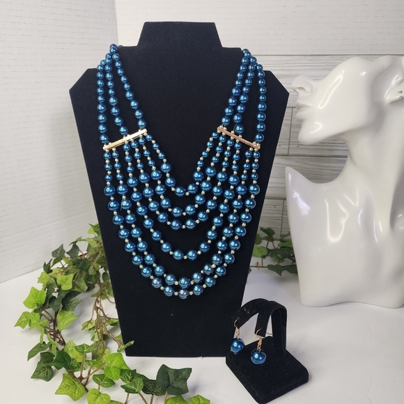 Blue Multi Strand Faux Pearl Necklace and Earrings Set - Picture 1 of 9